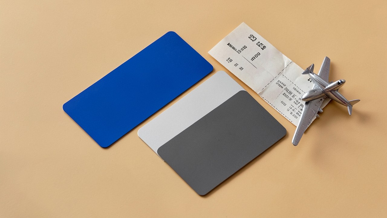 A neatly arranged flat lay of three credit cards on a textured surface, with a boarding pass and small airplane model nearby.