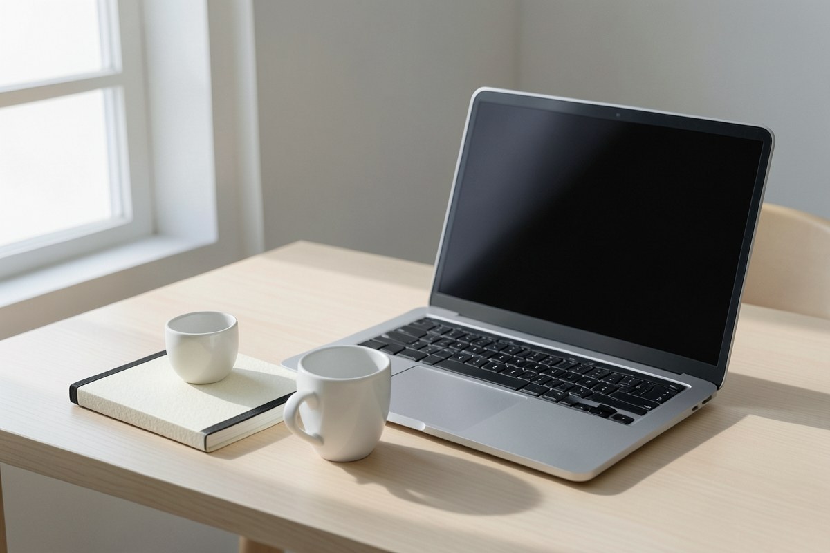 A clean, modern office desk with a laptop, notebook, and a cup of coffee, bathed in soft daylight.