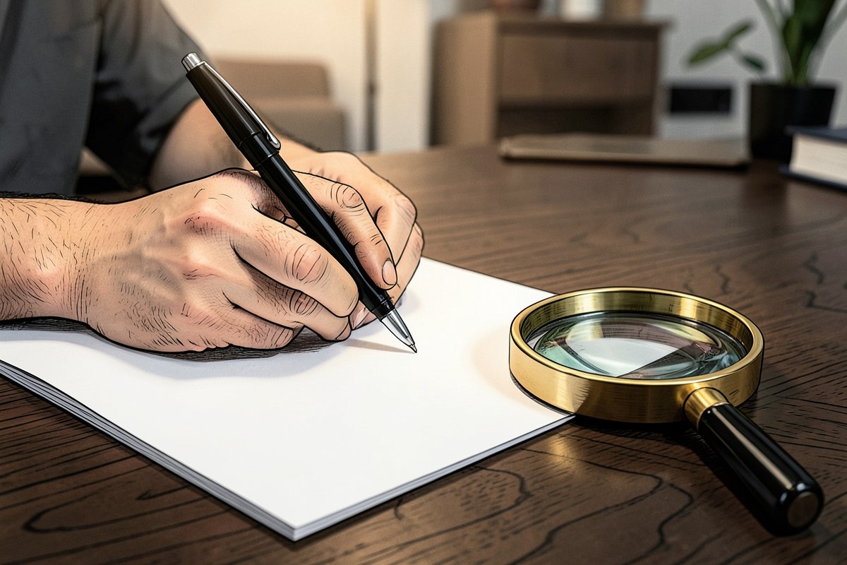 A close-up of a person's hands writing with a pen on a document, with a magnifying glass nearby.
