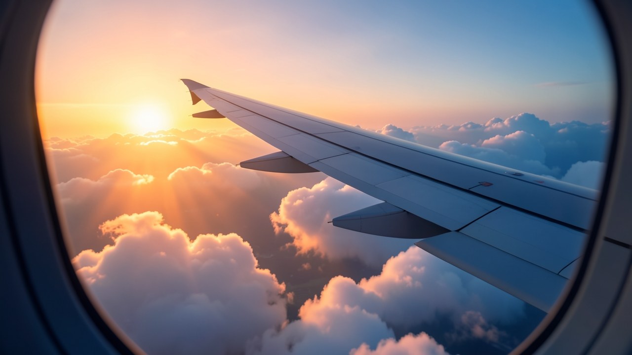 An airplane wing in the sky at sunset, symbolizing travel and earning points.