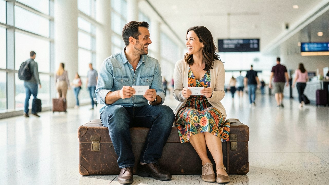 Two people sitting together on a suitcase at an airport, ready to travel as companions.