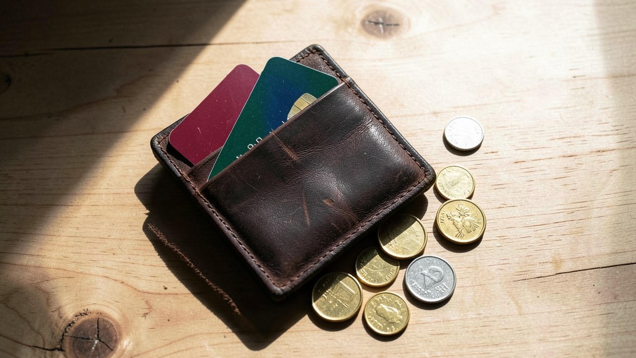 A wallet with several credit cards and some scattered coins, representing earning rewards on purchases.