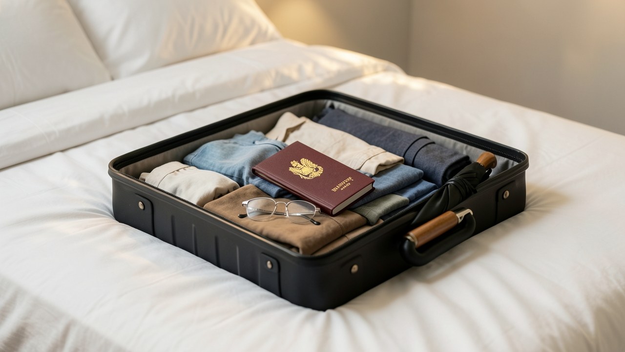 A neatly packed suitcase with travel accessories, suggesting covered travel.