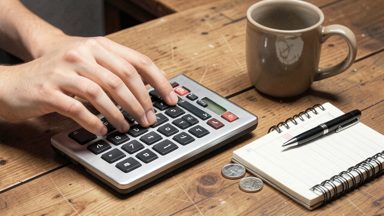 A person using a calculator with a pile of coins and paper, planning finances for travel points.
