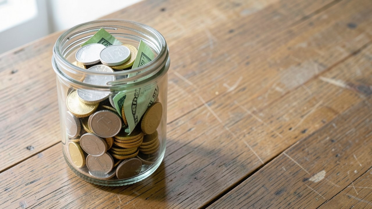 A clear jar filled with coins and paper bills, symbolizing the value of points.
