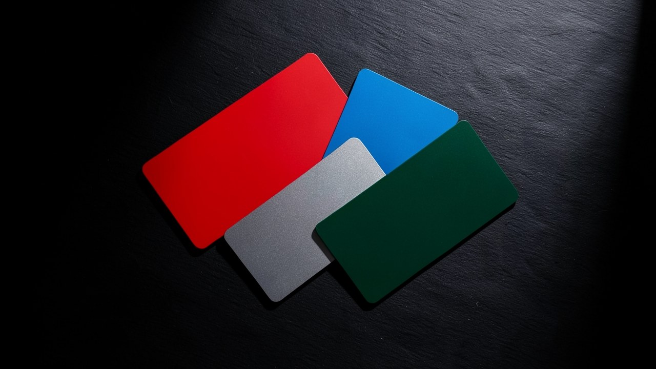 Four different airline credit cards laid out on a flat surface, each from a different airline (hints of different colors).