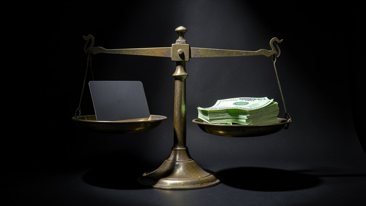 A scale balancing a credit card against a pile of cash, representing the cost-benefit analysis.
