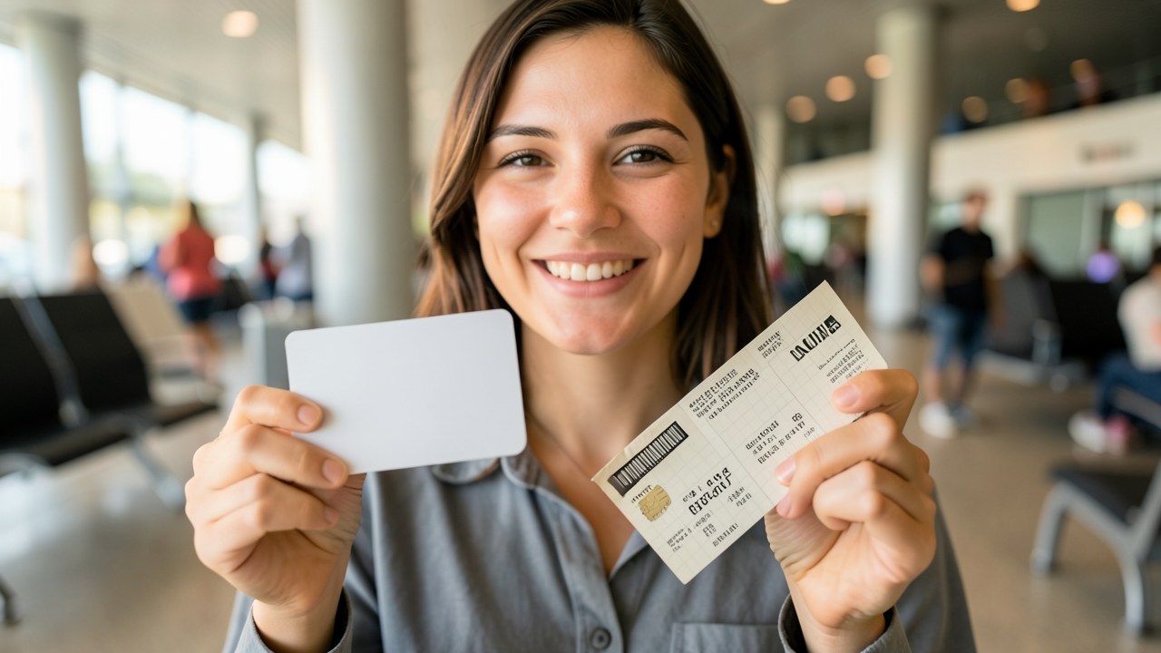 A friendly-looking person holding a credit card and a boarding pass, smiling, with a blurred background.