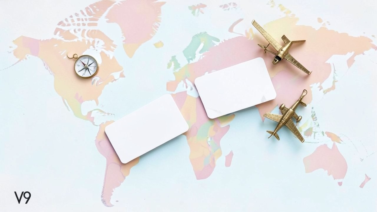 Two different credit cards on a map with a compass and a small airplane, metaphor for travel choices.
