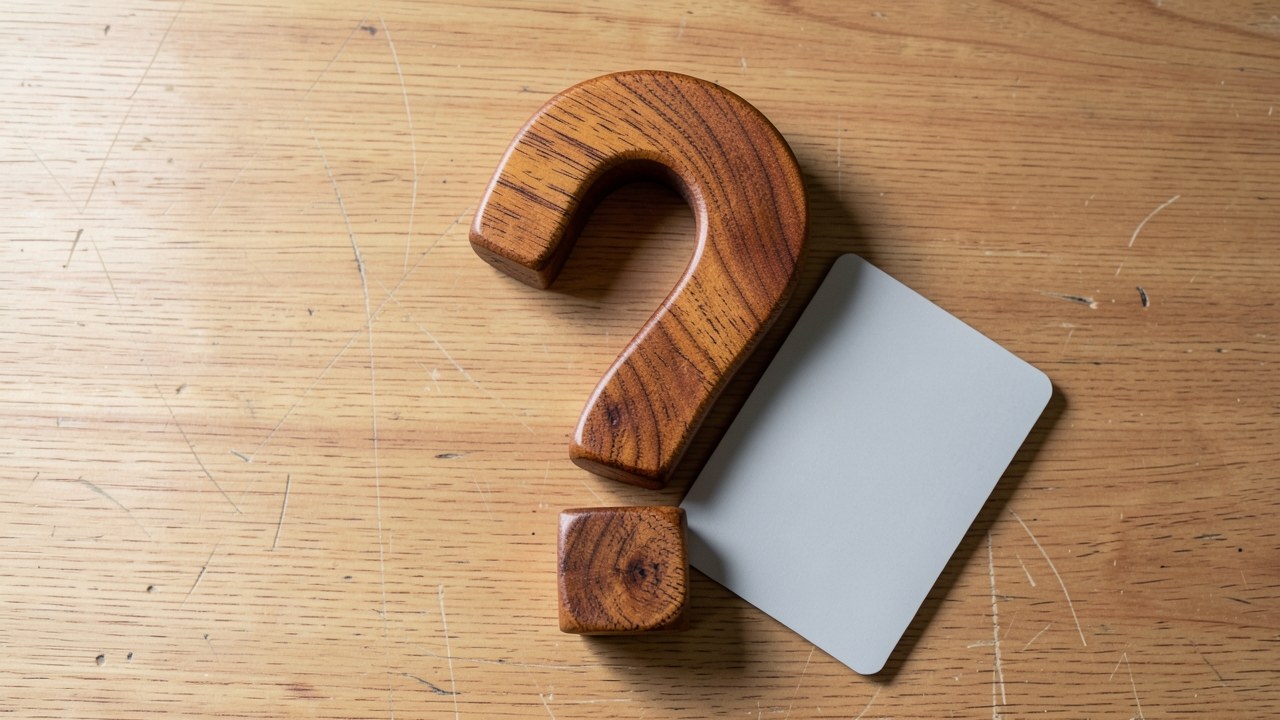 A large question mark symbol on a wooden table, with a credit card resting against it.